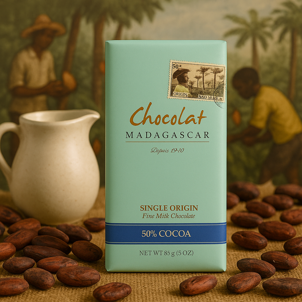 Chocolat Madagascar 50% Cocoa Single Origin Fine Milk Chocolate bar standing upright on a surface scattered with cocoa beans, with a white milk jug beside it and a softly blurred illustration of cocoa farmers and tropical trees in the background.